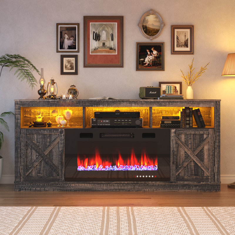 Zev Storage Credenza with Fireplace Included, 31.5" H x 70.8" W x 13.8" D, Walnut