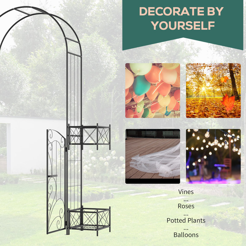 Black Metal Garden Arbor with Scrollwork Hearts and Planter Boxes