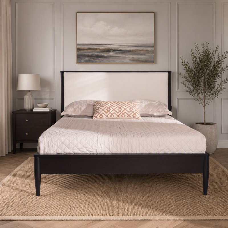Lit plateforme en bois massif avec tête de lit tapissier Boucle, Grand lit, Noir
