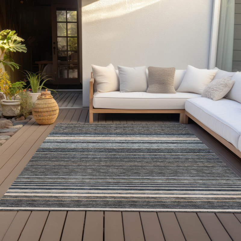 Taupe Stripe Rectangular Washable Synthetic Rug 3 ft x 5 ft