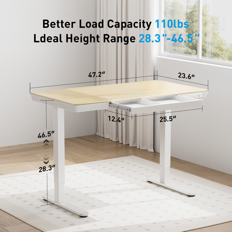 Flavio Height Adjustable Standing Computer Desk With Drawer and USB & Type-C Ports For Home Office