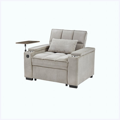 Khaki Single Sleeper Sofa Bed with 6-Position Adjustable Backrest, USB Ports, Cup Holder & Swivel Side Table