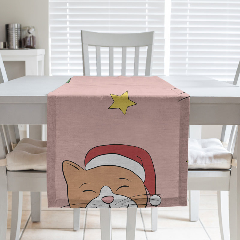 Chemin de table christmase hol christmas chats, L 90 po x l 16 po, Rose / rouge / vert, Mélange de coton