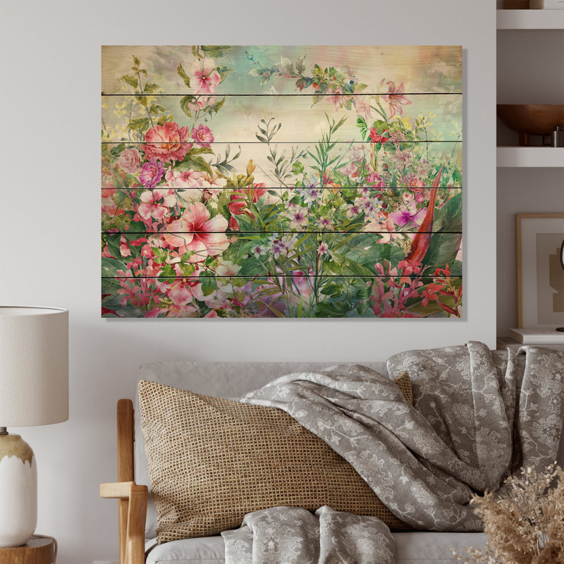 Jardin d'été moderne rose et vert VII - peinture sur bois sans cadre, H 8 po x l 12 po x P 1 po