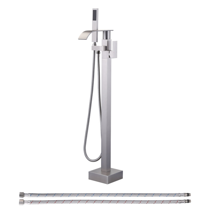 Single-Handle Brass Freestanding Tub Faucet With Handheld Shower, Waterfall Floor Mount Bathtub Filler, Brushed Nickel