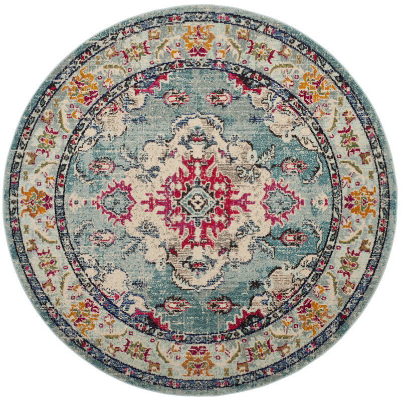 Almyra Oriental Area Rug, Round 6'7", Light Blue/Fuchsia