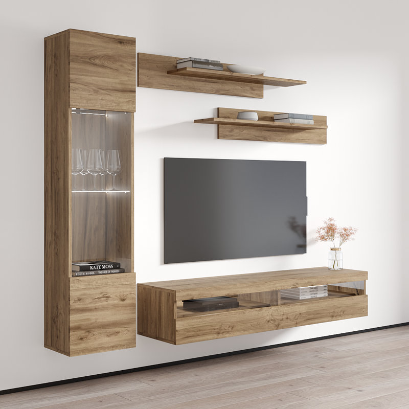 Lovelace 85" Modern Floating Wall Mounted Entertainment Center with 16-Color LED Lighting, High Gloss Finish, Oak