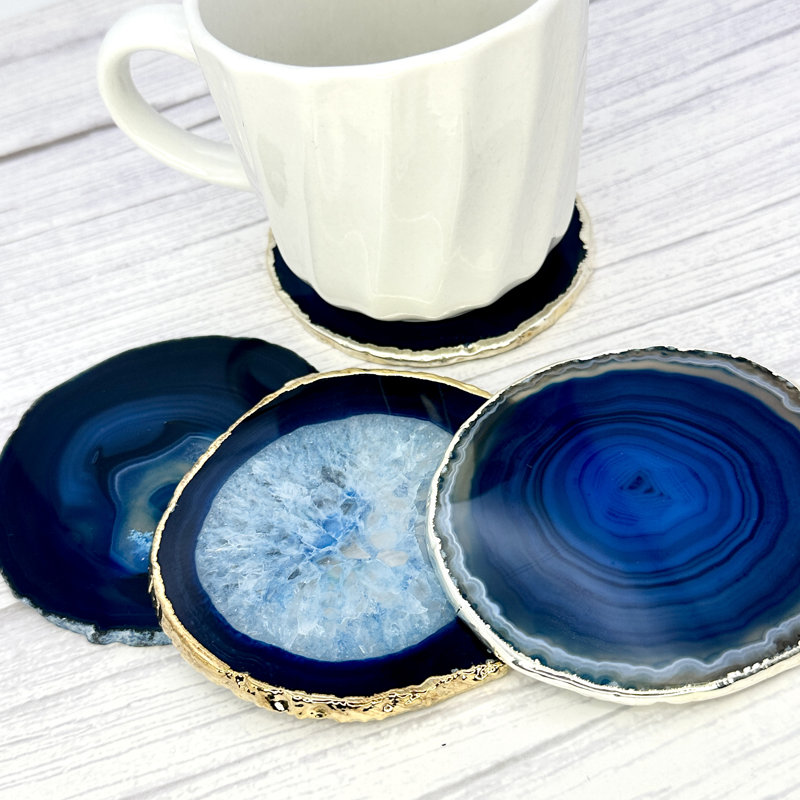 Sous-verres en agate bleue naturelle, accessoires de cuisine, Bleu / doré