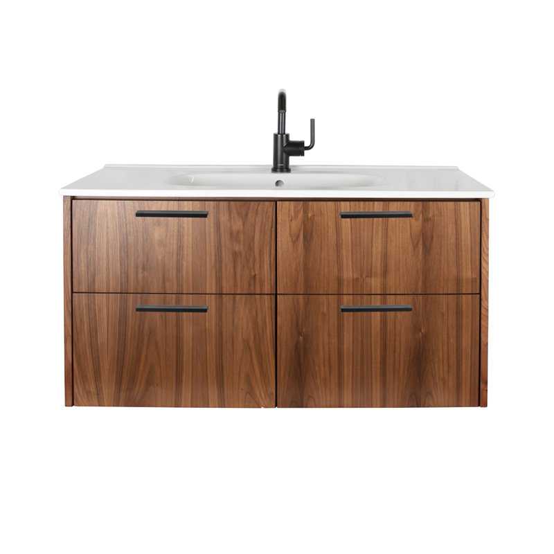 Aquatre 40'' Vanity With Trough Sink, Matte Black, Wall Mount, Natural Walnut