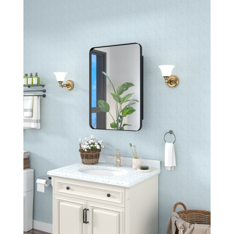Armoire à pharmacie 16 po x 24 po avec miroir, armoire à pharmacie arquée avec miroir pour meuble-lavabo mural et encastré avec 1 organisateur, 2 tablettes stables et amovibles, installation facile