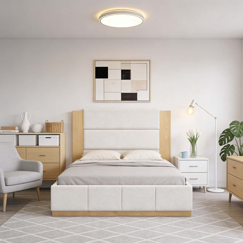 Lit plateforme tapissier avec tête de lit en bois allongée, Blanc, Grand lit