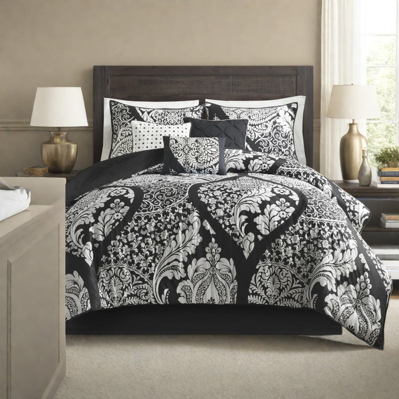 Modern Black King Bedding Sets, 7 Piece Cotton Printed Comforter Set, Oeko Tex Certified