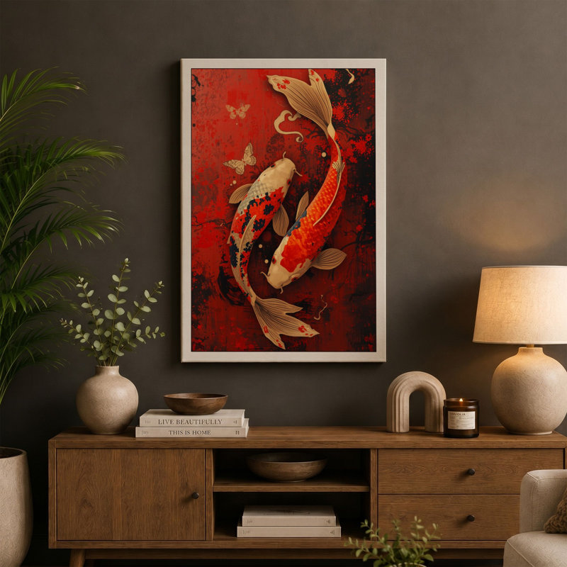 Dance of Golden Koi Japandi - Wrapped Canvas, 18x12 - 45.7 x 30.5 cm, Cream Border