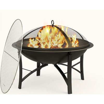 2-in-1 Wood Burning BBQ Fire Pit with Grill and Spark Screen, Black Steel Outdoor Fire Pit for Backyard, Patio and Camping