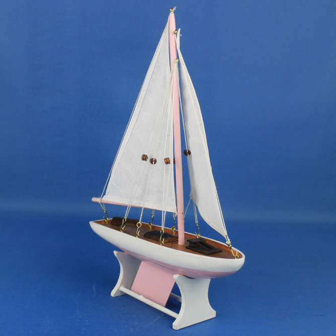 Bateau à voile flottant en bois, Rose / blanc, H 12 po x l 2,5 po x P 8 po