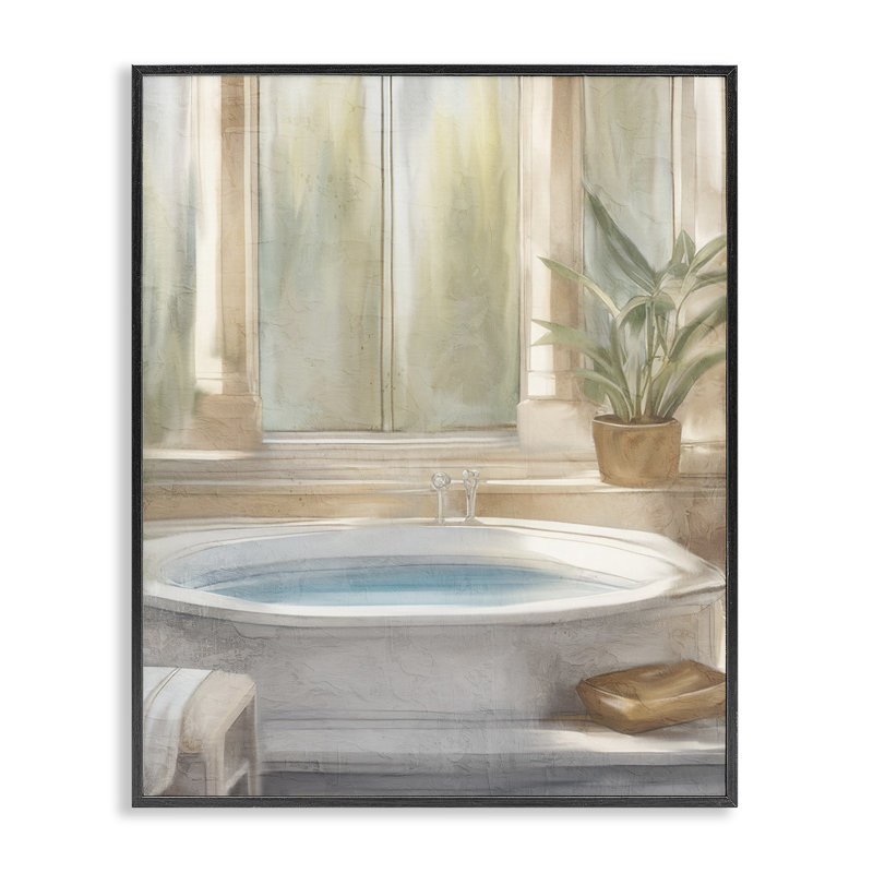 Scène de salle de bain Serenity, giclée encadrée, design par Kim Allen, H 14 po x l 11 po, Giclée encadrée noir minuit