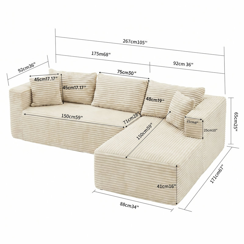 Compression Sectionals, 105 Inch Corduroy Modular Sofa for Modern Home