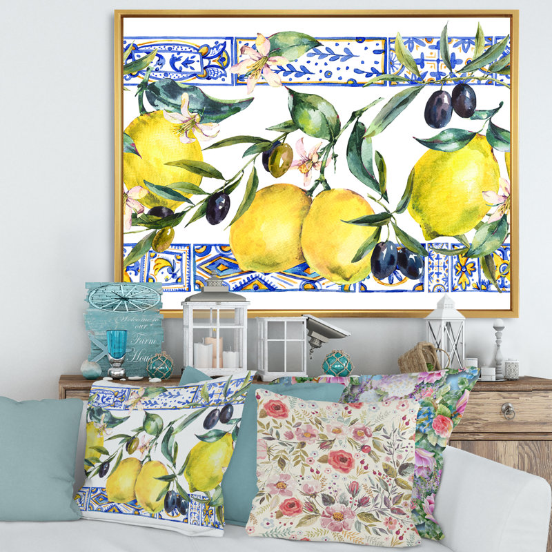 Ornement en forme de citron sur un motif géométrique bleu II - reproduction de cadre flottant sur toile, Encadrement doré