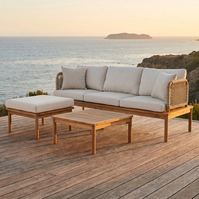 Ensemble de canapé d'extérieur 3 pièces en bois d'acacia et corde - Teck et beige