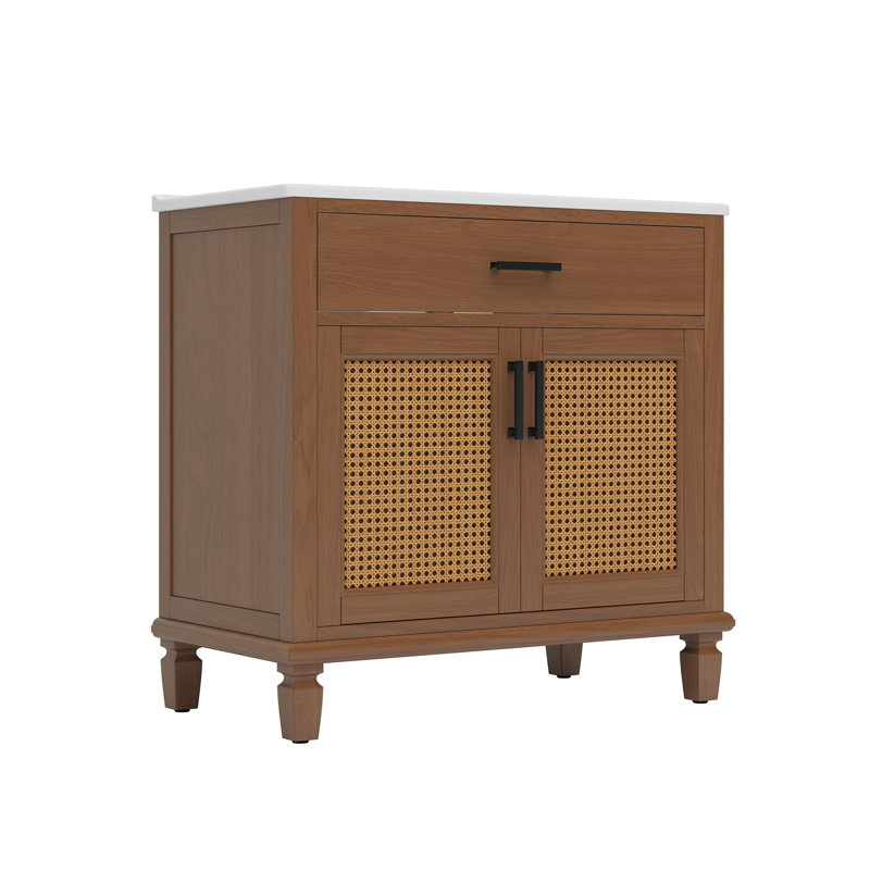 Meuble-lavabo en rotin avec lavabo en céramique, Brun