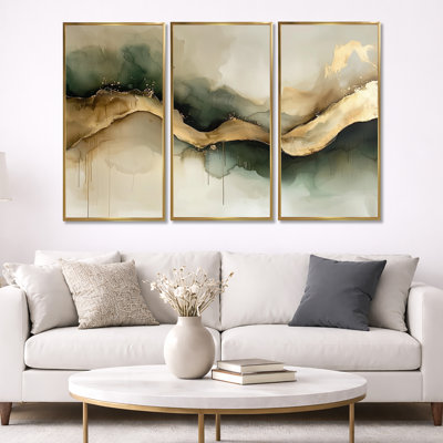 Abstrait encre liquide abstraite Fight of Emerald II - Art mural encre liquide - 3 panneaux