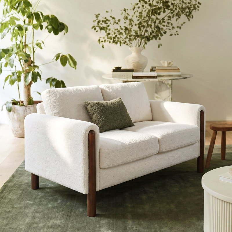 Arora Mid-Century Modern Teddy Upholstered Loveseat with Solid Wood Legs and Back Cushions, White