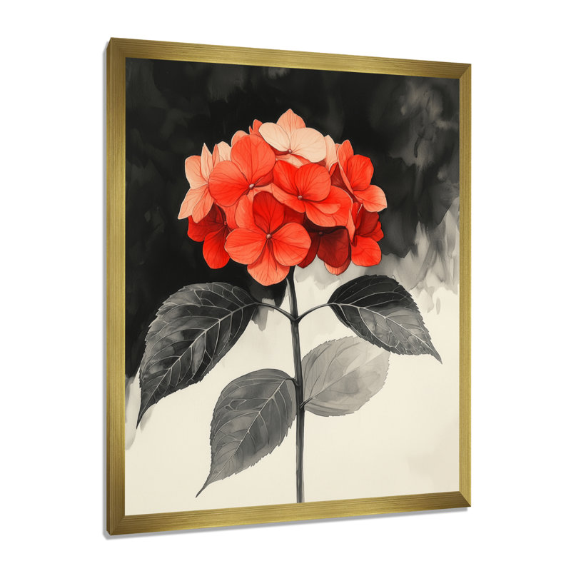 «Hortensias monochromes avec accent de pétales rouges III», reproduction d'art sur toile florale, H 20 po x l 12 po, Gold