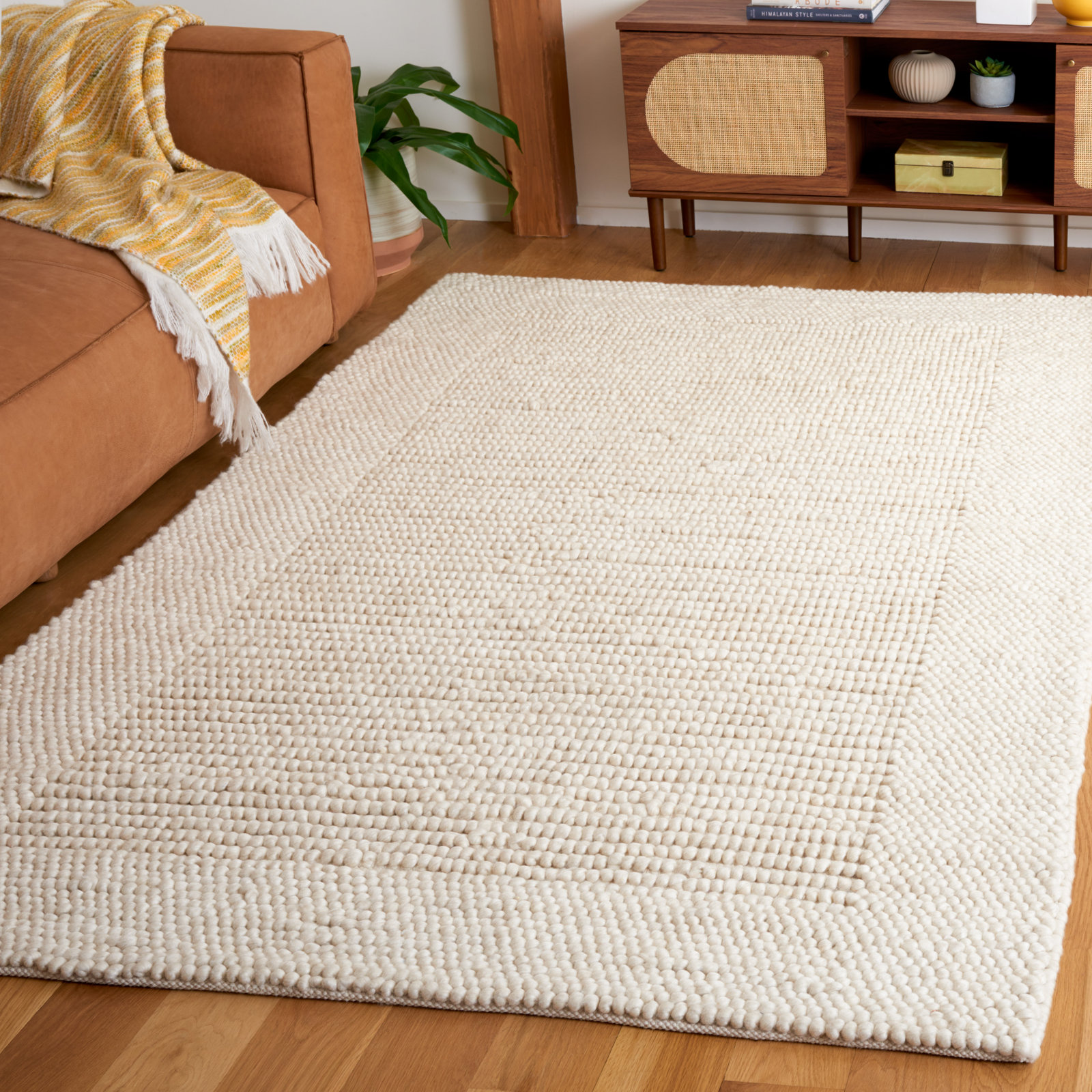 Burdick Ivory Beige Hand-Woven Wool Rug, Rectangle 10' x 14'