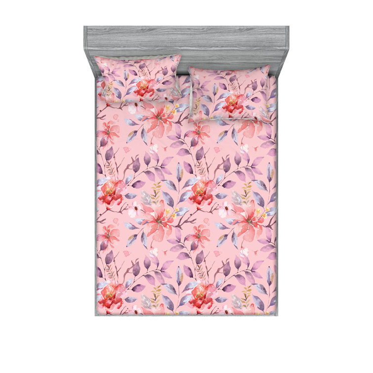 Ambesonne Fitted Sheet & Shams 3 Pcs Retro Botany Exotic Leaves Calking Pale Rust Seafoam Emerald