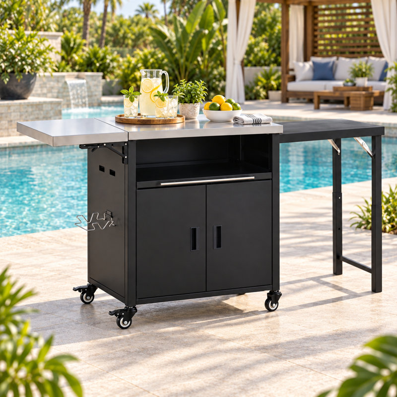 Chariot pour îlot de cuisine surdimensionné 73,8 po avec support à déchets, Noir / argenté