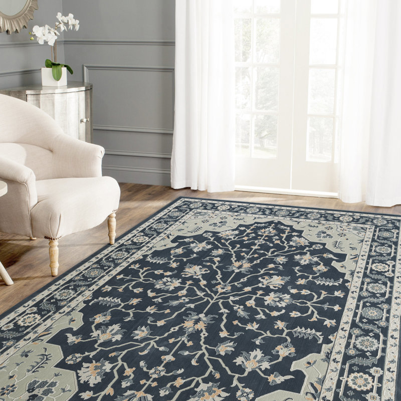 Tapis bleu marine / gris clair / crème, Rectangle 5 pi 3 po x 7 pi 6 po