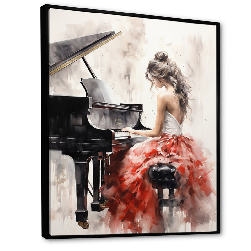 Yannis Beige Red Music Piano Harmony I - musique, impressions sur toile, H 44 po x l 34 po, Reproduction avec cadre flottant