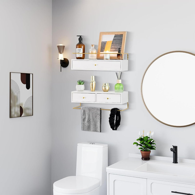 Ensemble de 2 tablettes flottantes avec tiroirs - Rangement mural pour salle de bain, salon, cuisine - Décoration murale en bois rustique pour plantes, livres