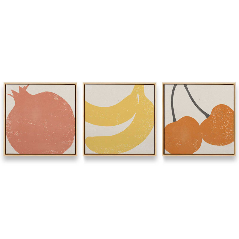 Minimalist Fruit Medley, ensemble de 3, reproduction sur toile, Cadre flottant en érable américain, H 16,75 po x l 16,75 po