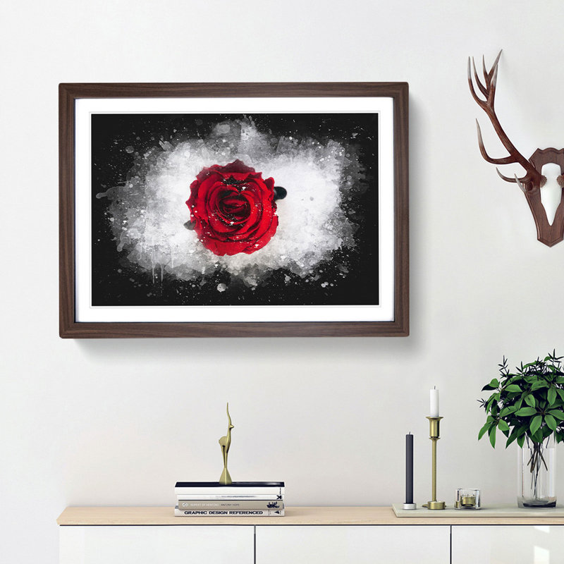 Red Rose In Bloom - Picture Frame Graphic Art, Walnut Framed, 24cm H x 33cm W x 2cm D