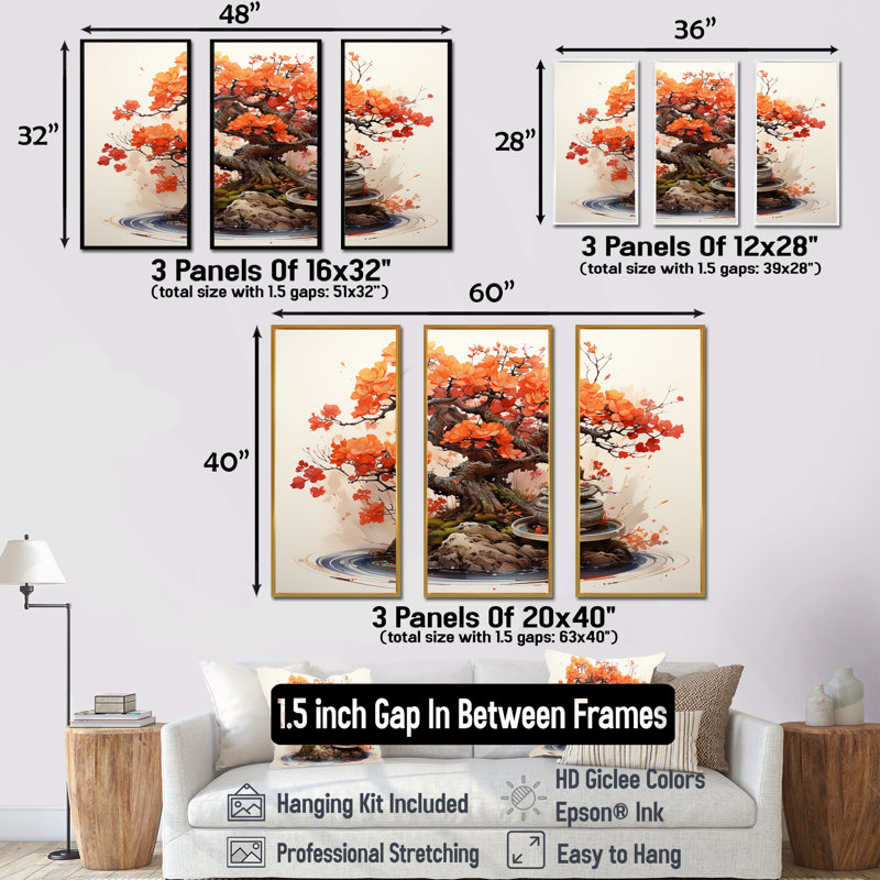 Autumnal Bonsai Charm II - Art mural arbre bonsaï, H 28 po x l 36 po x P 1 po, Cadre flottant noir