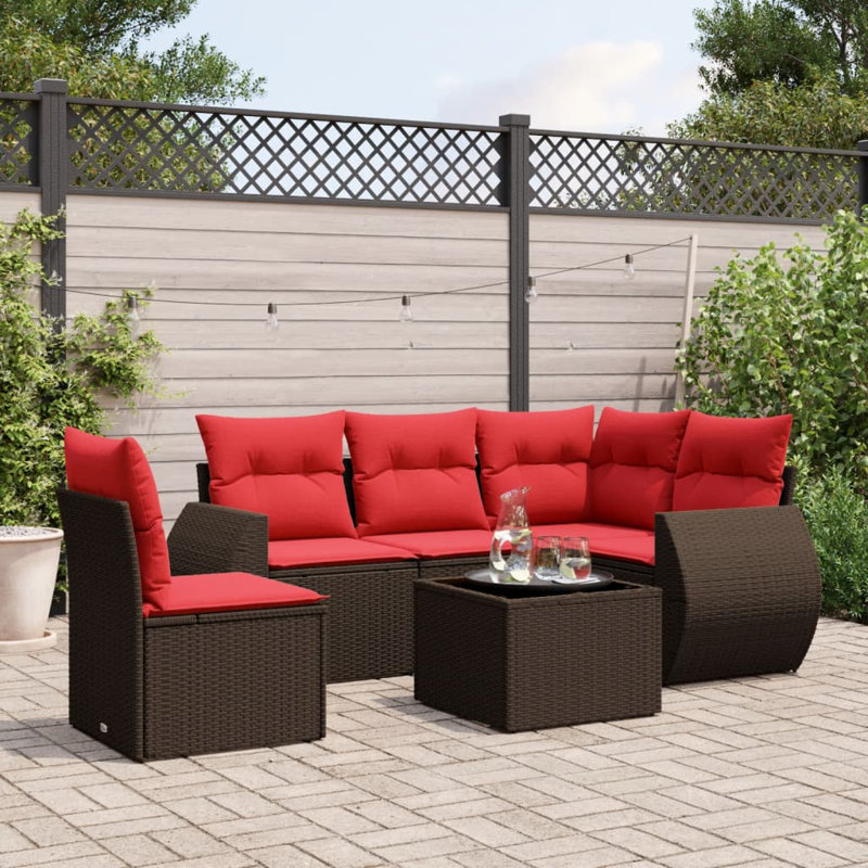 Ensemble de canapé de patio 6 pièces avec coussins en rotin de polyester, Rouge, Brun