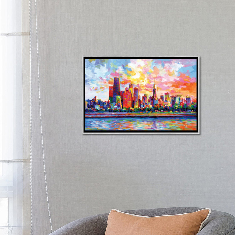 Chicago Skyline by Leon Devenice iCanvas, 18" H x 26" W x 1.5" D, Silver Floater Frame Canvas