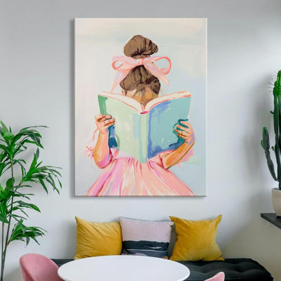 Brown Hair Girl Reading Book Canvas Wall Art Children Reading Wall Decor Picture Pastel Little Girl Poster Print Pink Bow Aesthetic Artwork For Gallery Library Reading Nook Decoration 24X36in