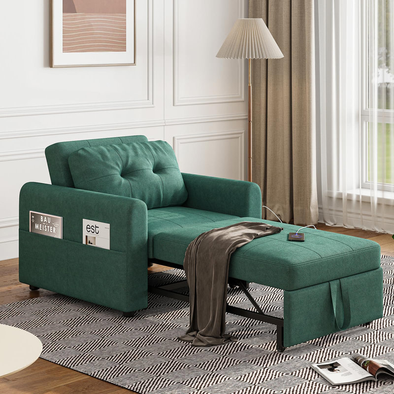 3 In 1 Accent Chairs Bed, Convertible Sleeper Chair Bed With Usb & Type-c Ports, Side Pocket, Pull Out Accent Chairs Bed Linen Armchair With Adjustable Backrest For Living Room/apartment/small Space