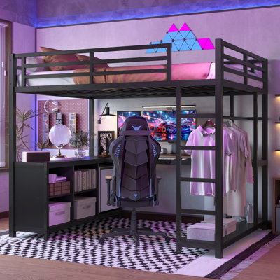 Space‑Saving Full‑Size Metal Loft Bed with L‑Shaped Desk, Wardrobe, USB Charging & Storage Shelves – Black by Isabelle & Max