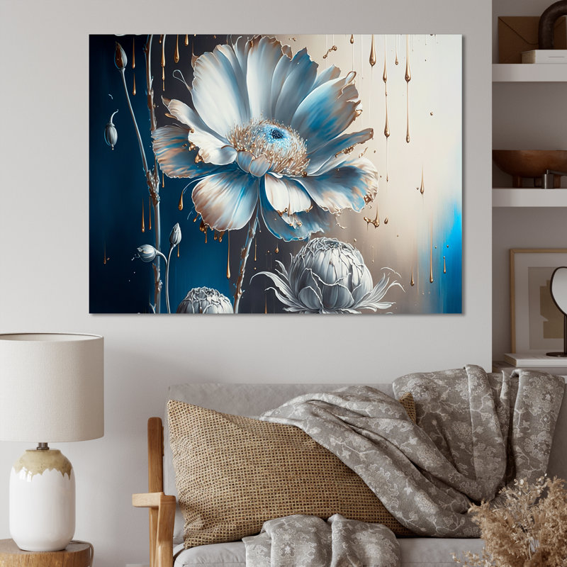 Décoration murale en métal «Ice Blue Daisy IV» - Floral et botanique, H 12 po x l 20 po x P 1 po