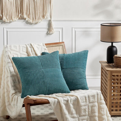 Ensemble de 2 housses de coussins décoratifs bleu sarcelle pour le canapé-lit du salon, décoration de maison de campagne rustique Boho, housse de coussin carré texturé en velours côtelé