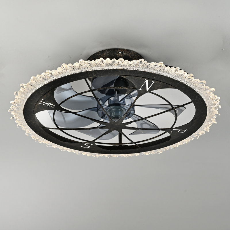 Ventilateur de plafond encastré en cage 21 pouces avec lumière, cadre noir antique, acrylique cristal, 6 vitesses, télécommande et application