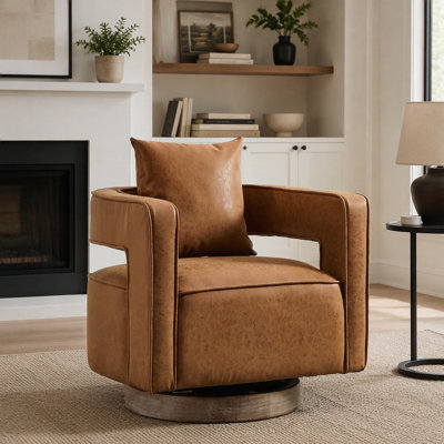 Swivel Accent Chair with Open Back, Linen Blend Fabric, and Weathered Wood Base