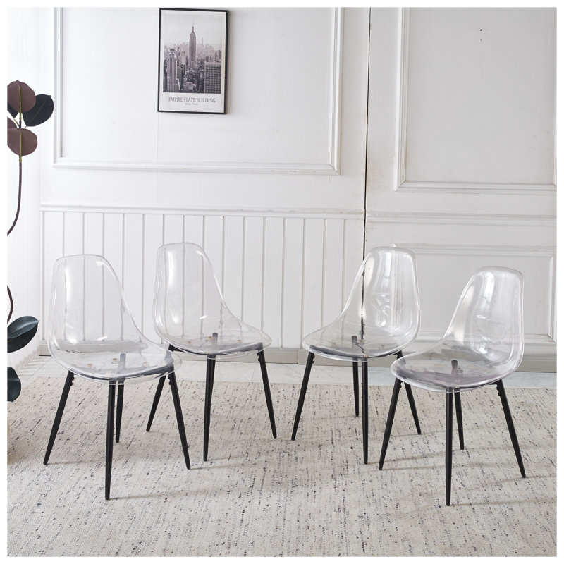Modern Transparent Dining Chairs Set of 4, Black Plastic Shell with Metal Legs - Contemporary Kitchen & Dining Room Seating