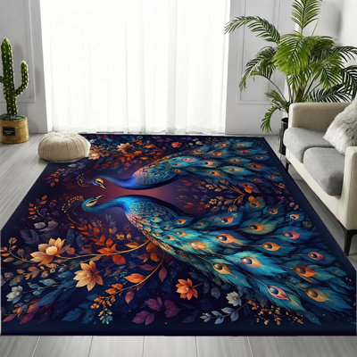 Tapis à motif floral de paon vibrant, motif d'oiseau botanique élégant, tapis antidérapant lavable à la machine, décoration intérieure artistique élégante pour le salon, la chambre à coucher, le vestibule, la porte d'entrée, la cuisine, le balcon et l'appartement