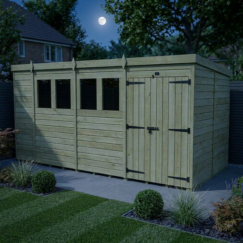Total Sheds 17ft x 8ft Pent Garden Shed - Double Door - With Windows - Pressure Treated Timber - UK Manufactured