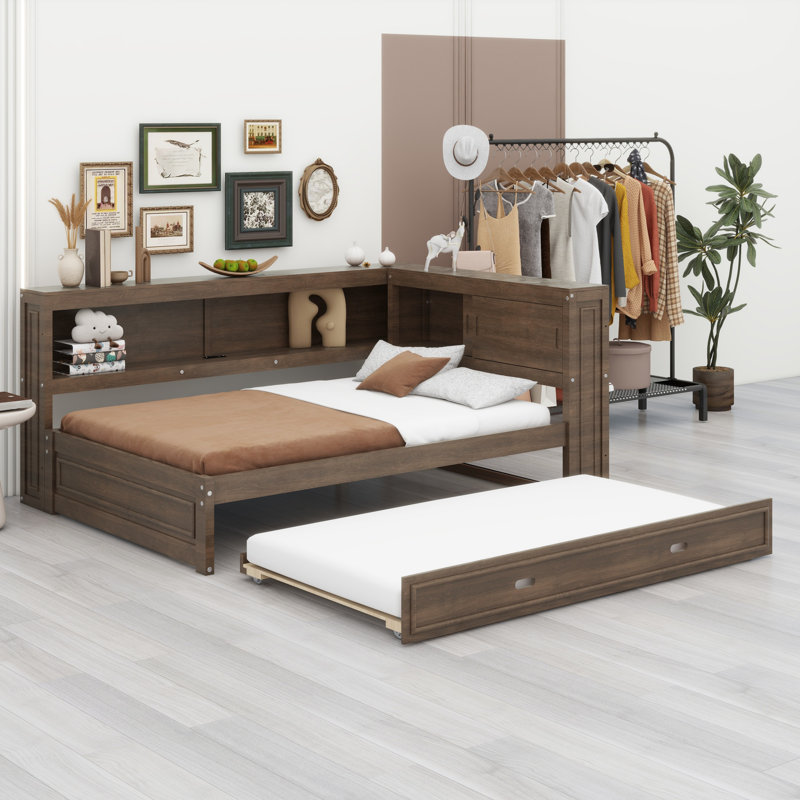 Daybed With Storage Shelves, USB, LED, And Trundle, Antique Wood 