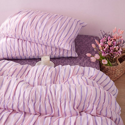 Pink Ruched Duvet Cover Set King Size 100% Cotton Bedding Set Pink and Purple Striped Aesthetic Duvet Cover with Zipper Closure and 8 Corner Ties